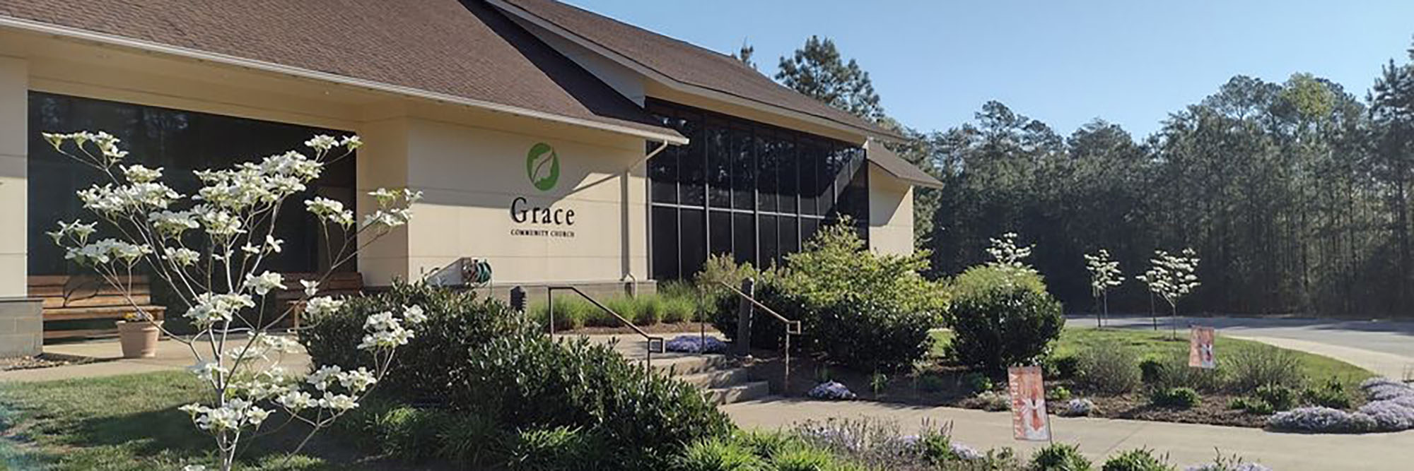 Front of Grace Community Church in the spring