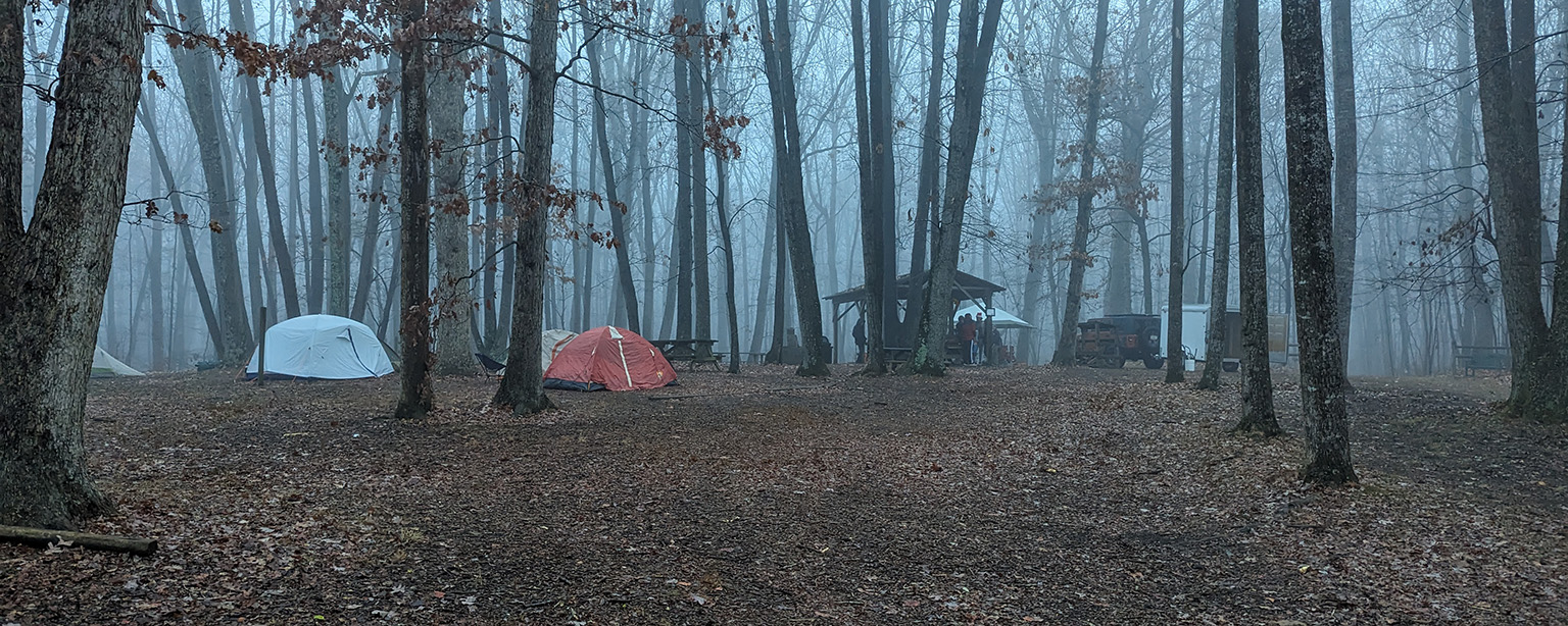 Tents on a foggy morning at Camp Crockett