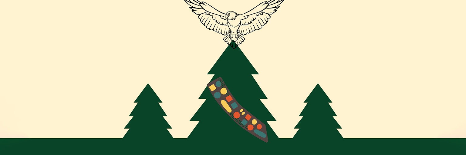 Illustration of an eagle on a pine tree wearing a merit badge sash