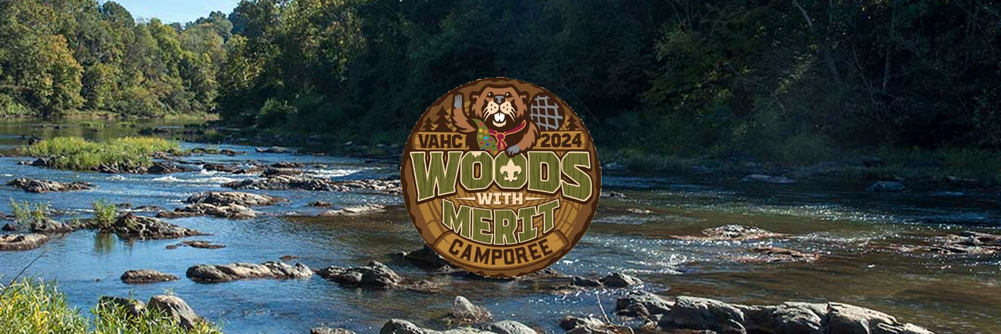 Woods With Merit Camporee logo overlaying a photo of the Rivanna River